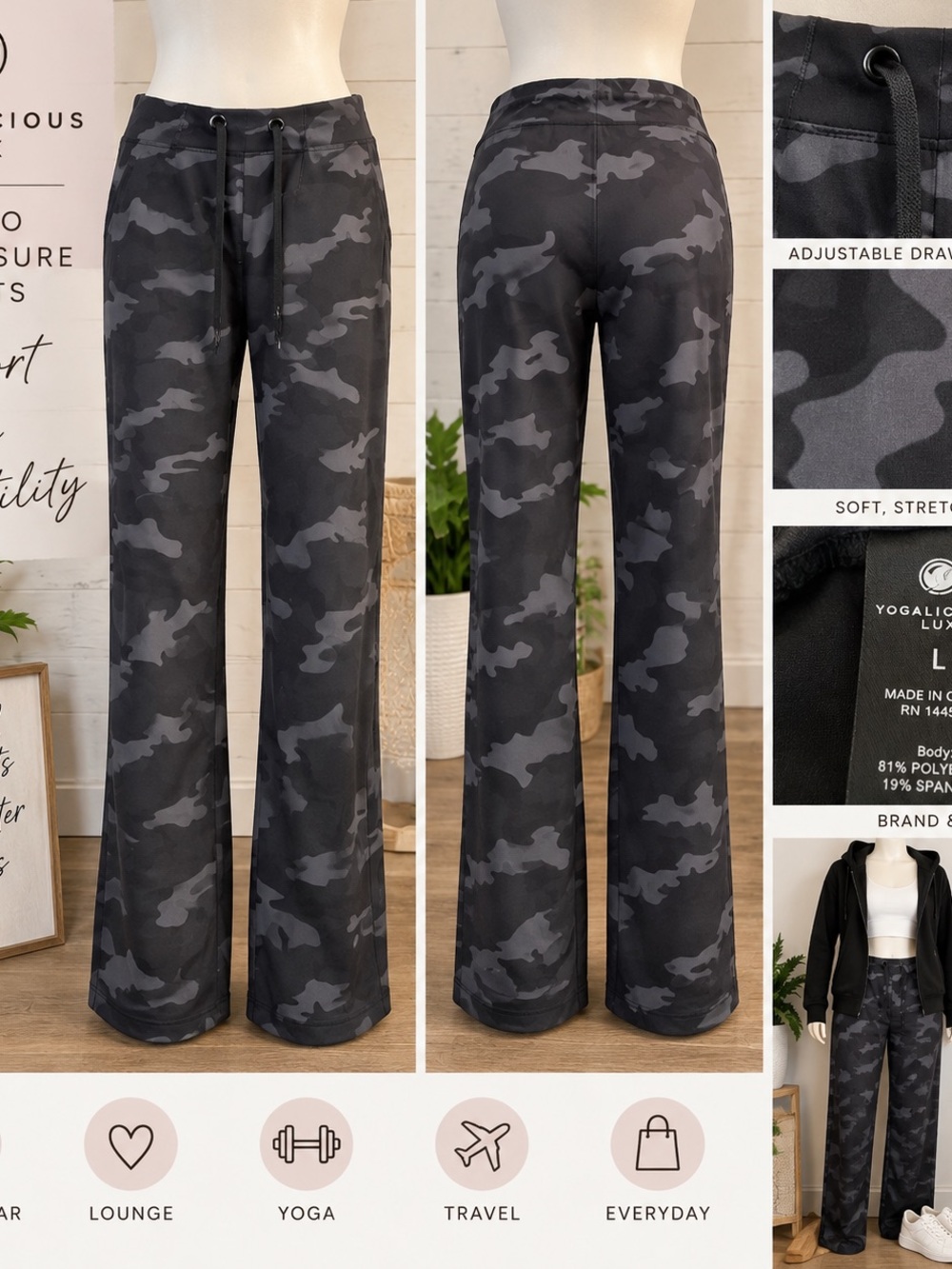 Yogalicious Lux Camo Pants Size L Black Charcoal Drawstring Athleisure Yoga